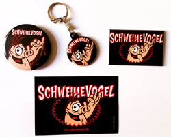 Schweinevogel Schlüsselanhänger, Magneten, Flaschenöffner und Aufkleber